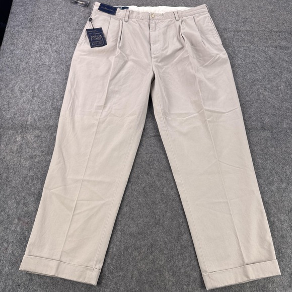Polo Ralph Lauren Pants Mens 40x30 Khaki Hammond Pleated Chino Cuffed Twill